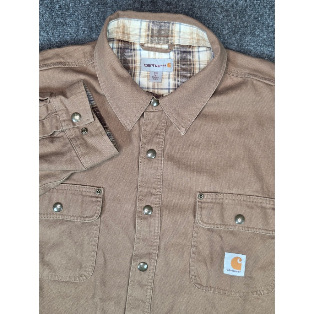 Carhartt Flannel Lined Canvas Shirt Jacket Mens 2XL Tall Tan Plaid Snap Front